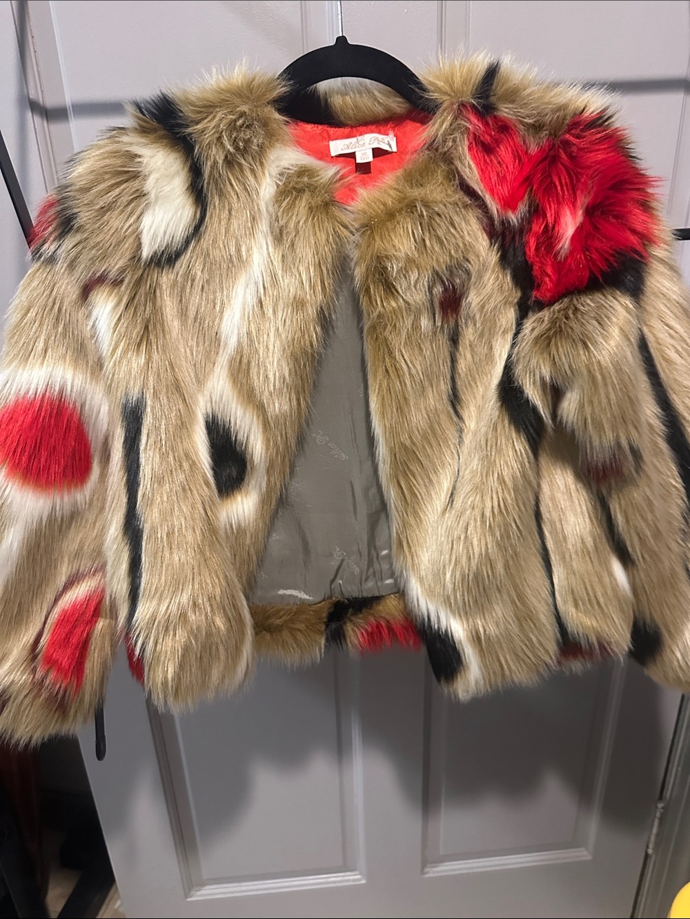 Kids Faux Fur Statement Jacket in Tan, Red & Black